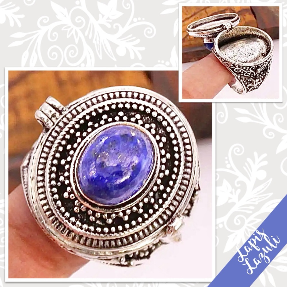 Lapis Lazuli Eclectic Silver Artisan Poison Ring, Size 8.25 (Royal Blue)